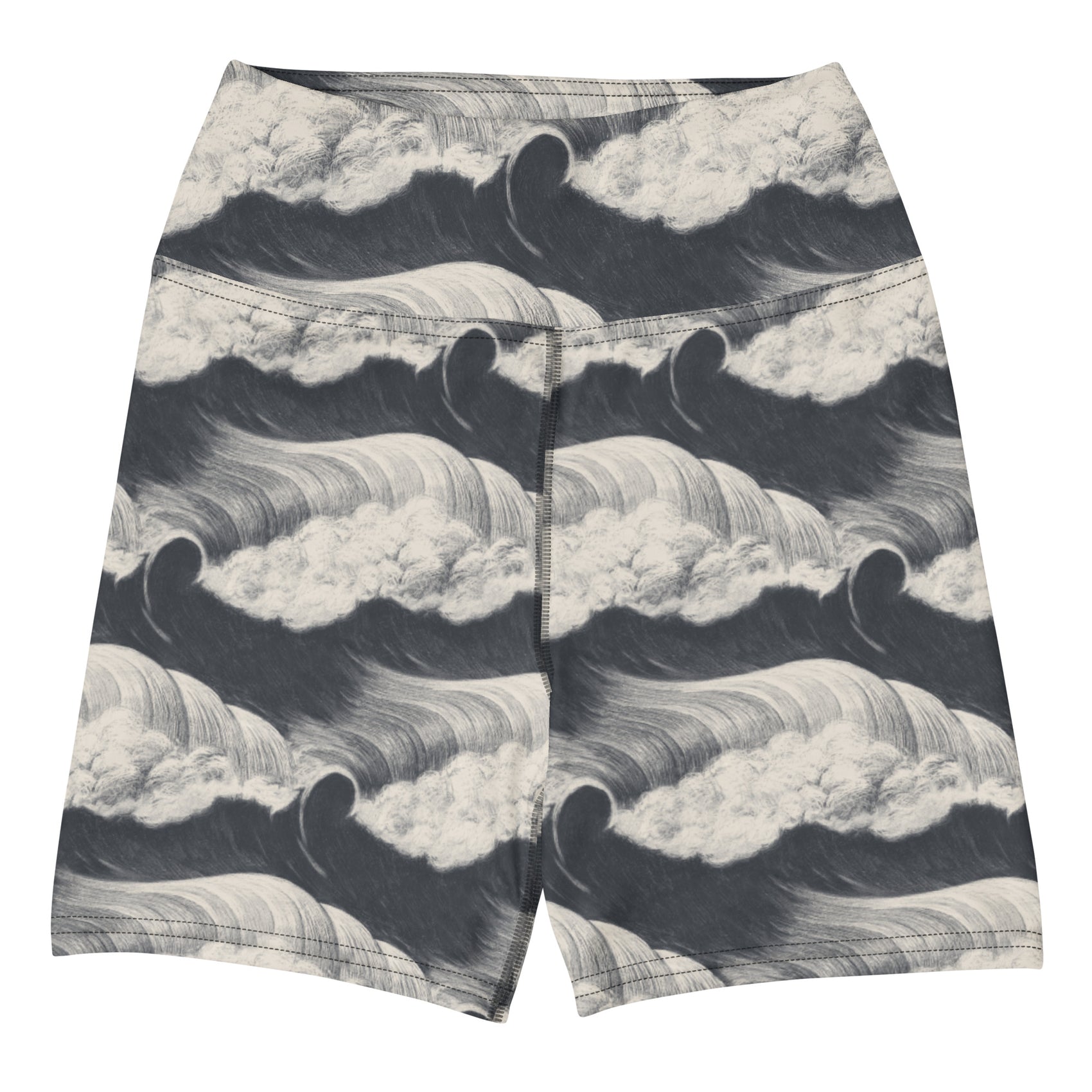Tide and Seek Swim Shorts featuring Hypnotic repeating wave pattern in a moody palette, inspired by Japanese woodblock print tradition with rolling rhythmic movement, women’s swim shorts in vintage print