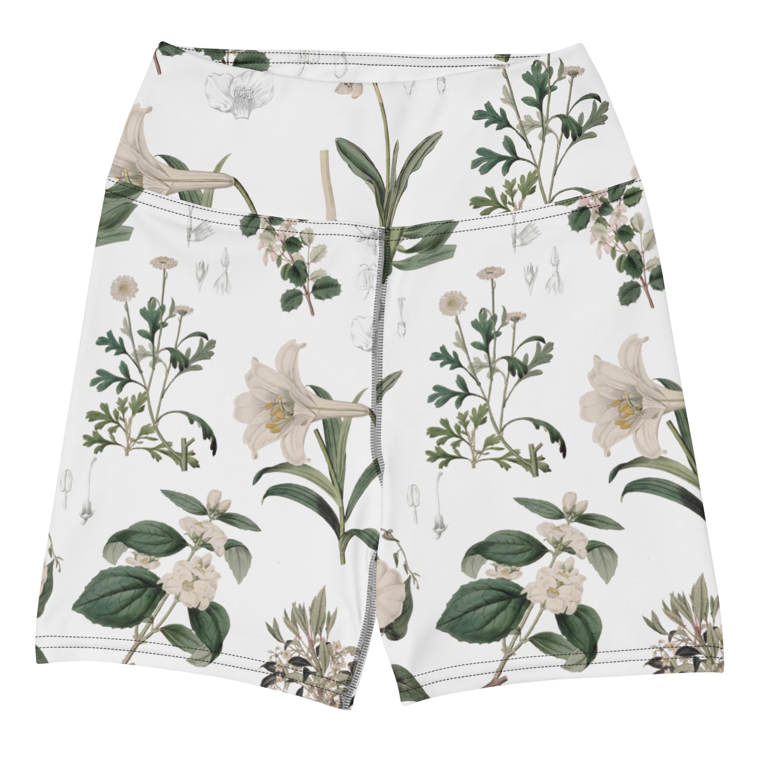 Botany + Clyde Swim Shorts featuring Clean white and green botanical engraving print featuring hand coloured white flowering plants from early 1800s Great Britain in a fresh, peaceful style, women’s swim shorts in vintage print