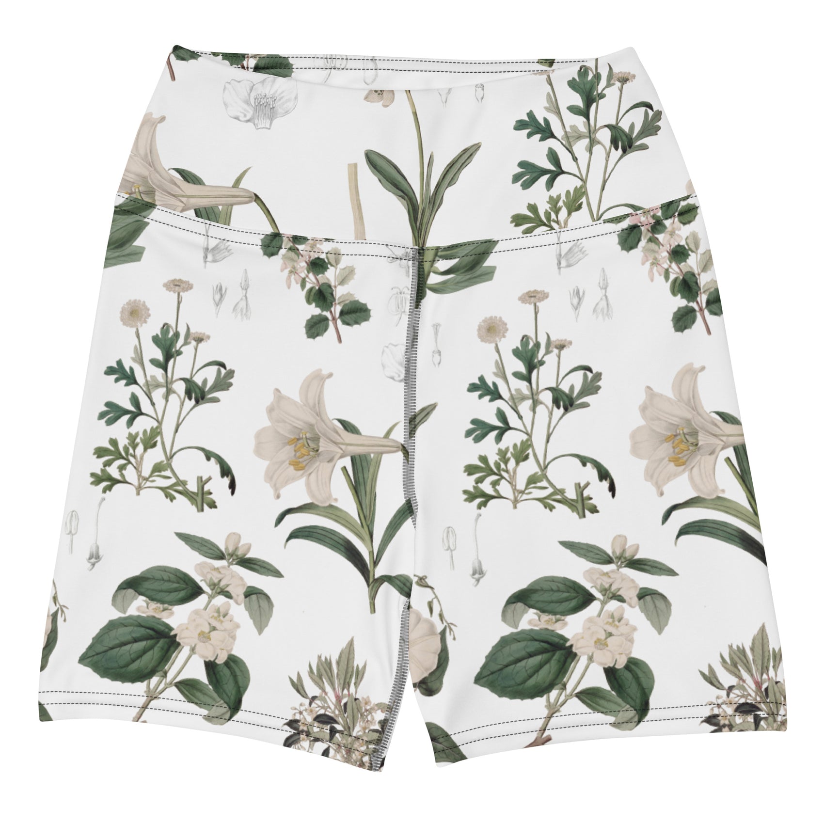 Botany + Clyde Swim Shorts featuring Clean white and green botanical engraving print featuring hand coloured white flowering plants from early 1800s Great Britain in a fresh, peaceful style, women’s swim shorts in vintage print