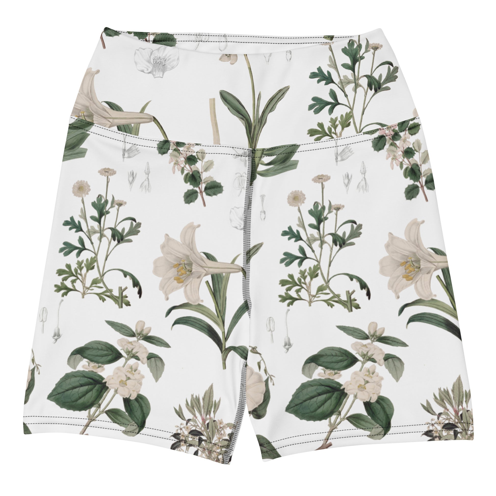 Botany + Clyde Swim Shorts featuring Clean white and green botanical engraving print featuring hand coloured white flowering plants from early 1800s Great Britain in a fresh, peaceful style, women’s swim shorts in vintage print