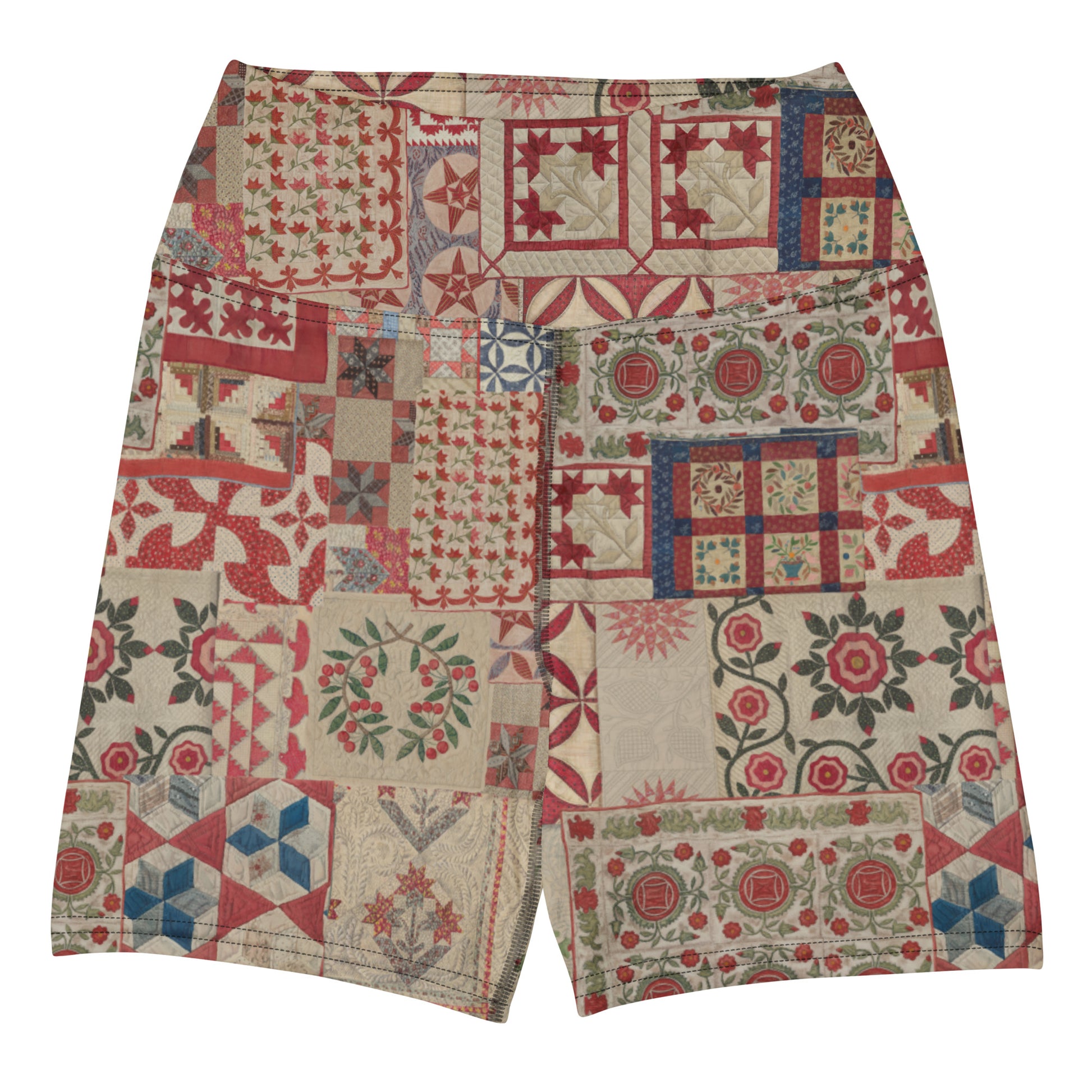 Quilt While You Are Ahead Swim Shorts featuring Rich patchwork repeat pattern in deep reds, blues and warm creams, adapted from 1930s American watercolour documentation of traditional folk quilts, women’s swim shorts
