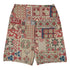 Quilt While You Are Ahead Swim Shorts featuring Rich patchwork repeat pattern in deep reds, blues and warm creams, adapted from 1930s American watercolour documentation of traditional folk quilts, women’s swim shorts