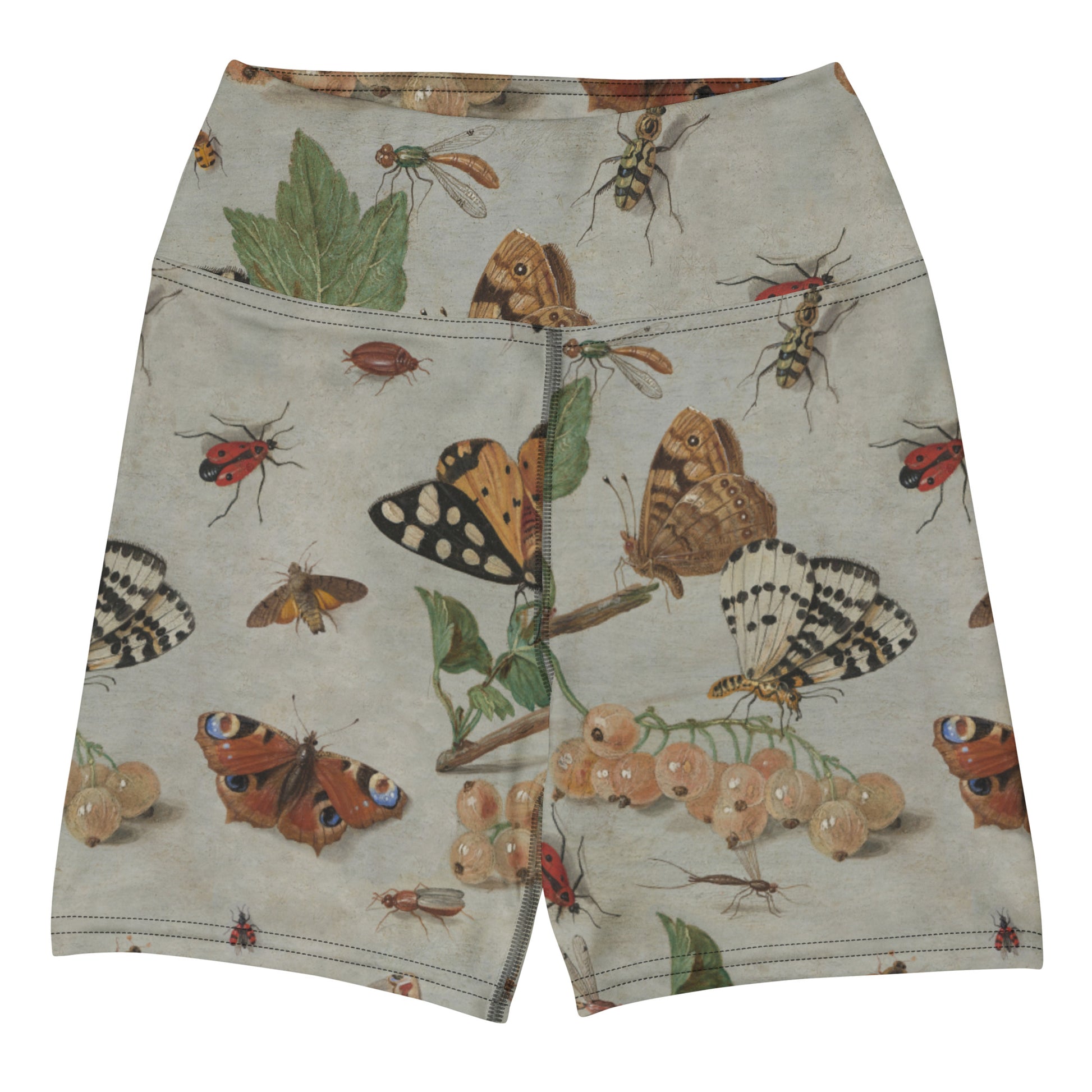 Moth'ly Crew Swim Shorts featuring Warm cream background with a detailed 17th century Flemish copper plate still life of white currants, moths and insects in browns, oranges and hints of red and green, women’s swim shorts