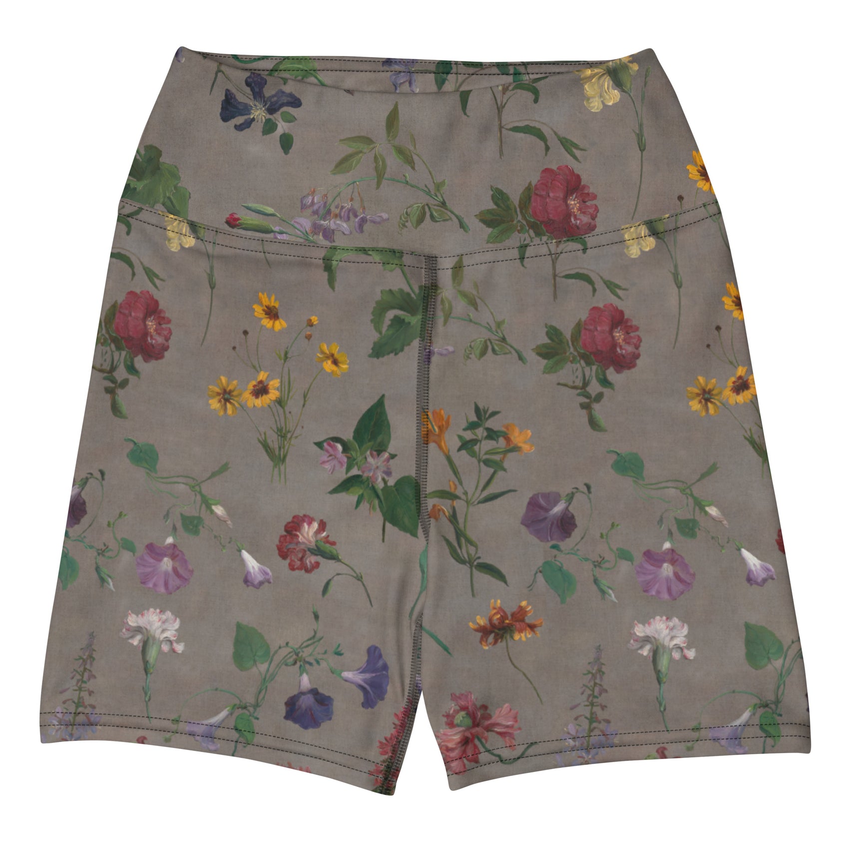 What In Carnation Swim Shorts featuring Dark moody background with vibrant wild botanical oil painting illustrations of poppies, morning glories and carnations in rich, dramatic colours, women’s swim shorts