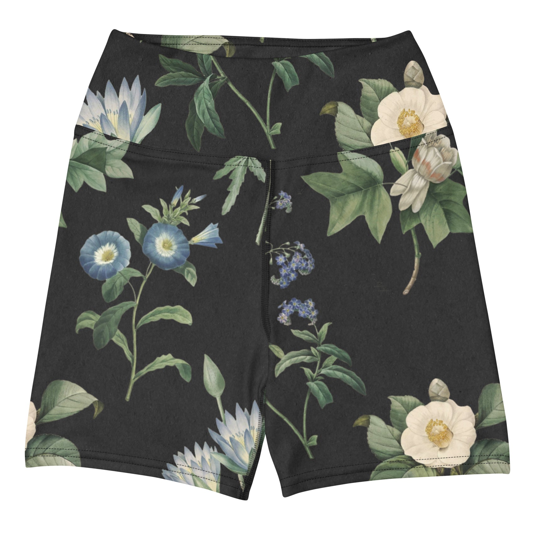 I Beg Your Garden Blue Swim Shorts featuring Striking black background with curated blue and white botanical illustrations by Pierre-Joseph Redouté, the celebrated 19th century court botanical painter, women’s swim shorts