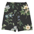 I Beg Your Garden Blue Swim Shorts featuring Striking black background with curated blue and white botanical illustrations by Pierre-Joseph Redouté, the celebrated 19th century court botanical painter, women’s swim shorts