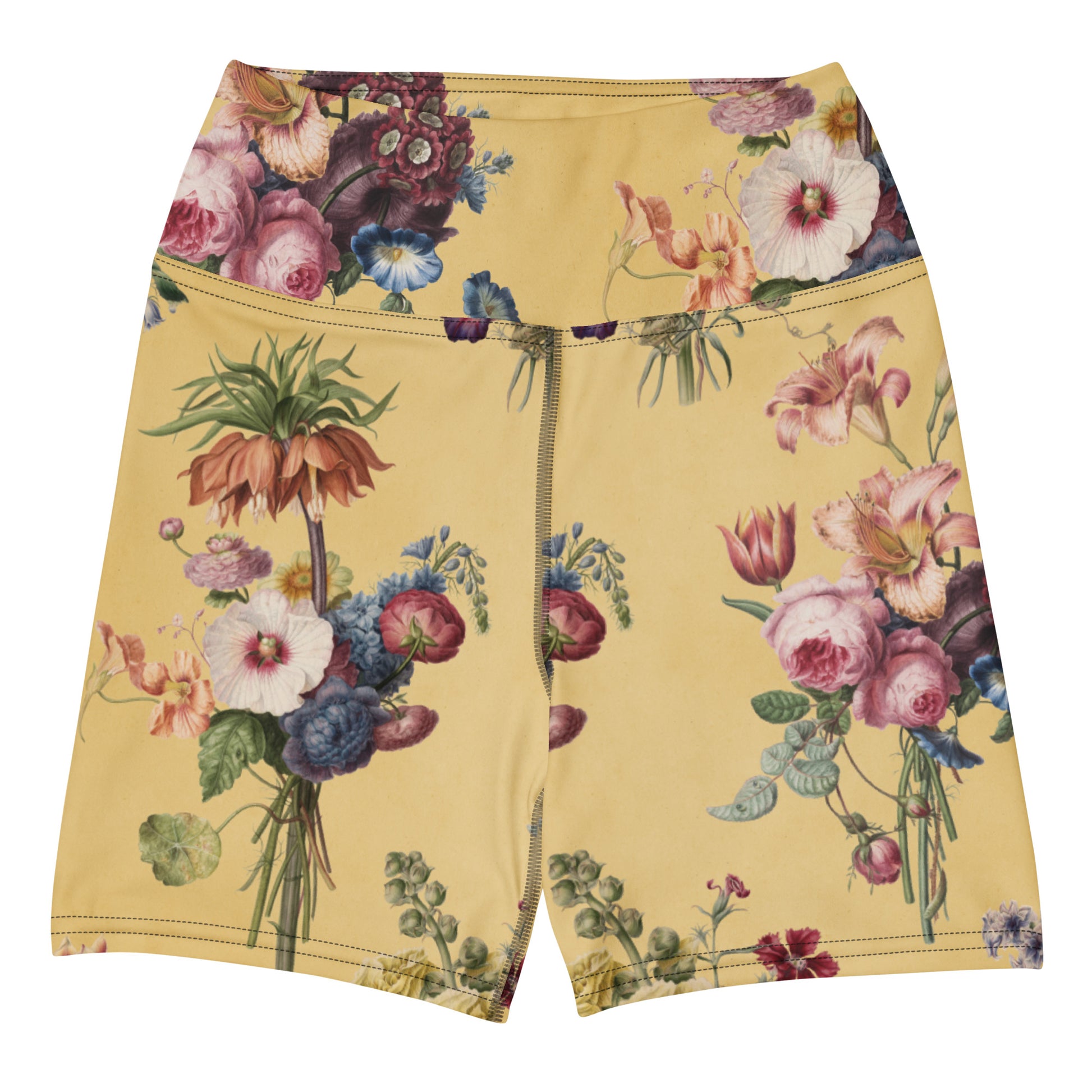Let's Do Bunch! Swim Shorts featuring Warm butter yellow background with abundant, richly coloured Dutch Master watercolour floral bouquets in a joyful, overflowing repeat pattern, women’s swim shorts