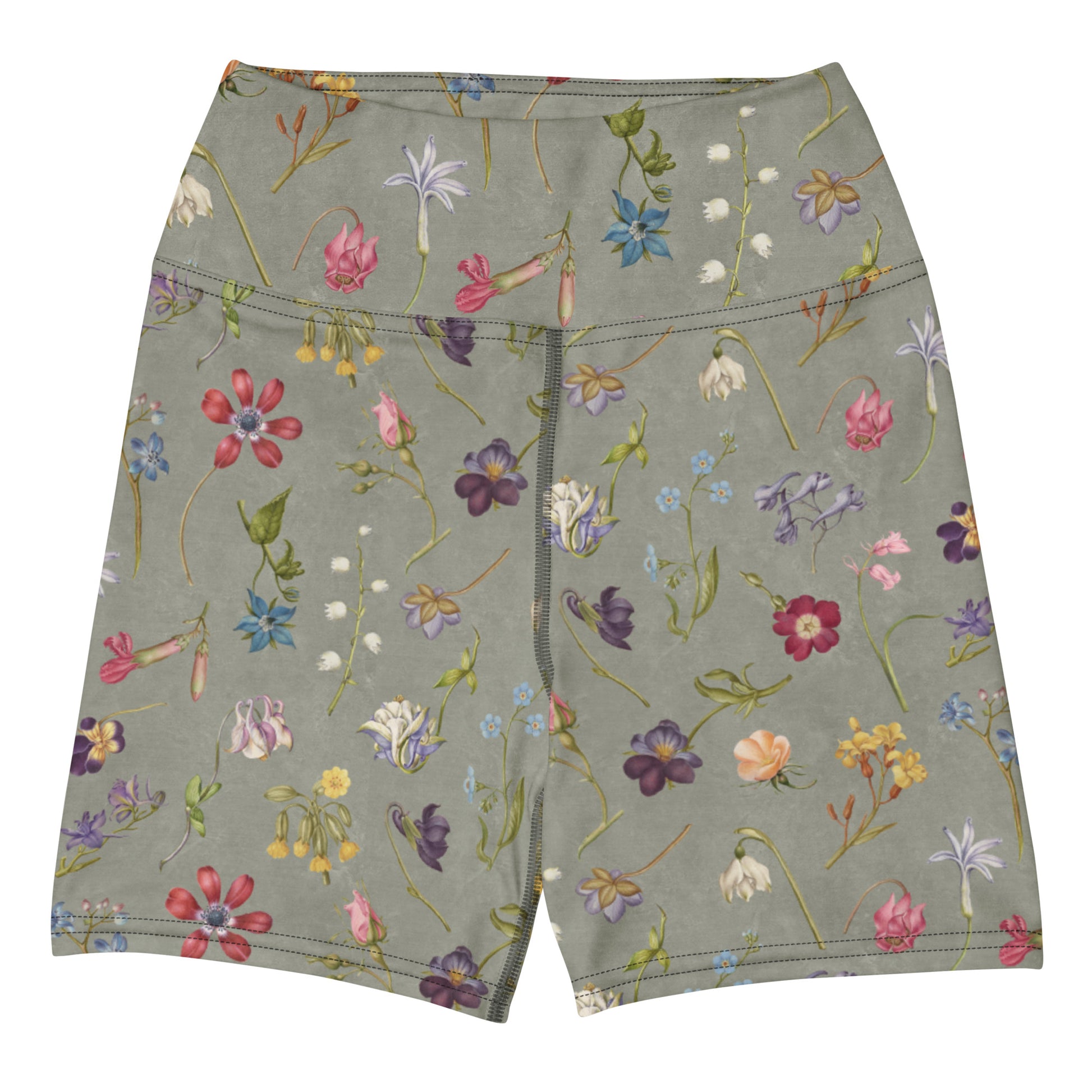 Hibis-Kiss Me Swim Shorts featuring Moody pale blue background with jewel-bright painted flower specimens from a 16th century Flemish illuminated manuscript in rich, vivid colours, women’s swim shorts