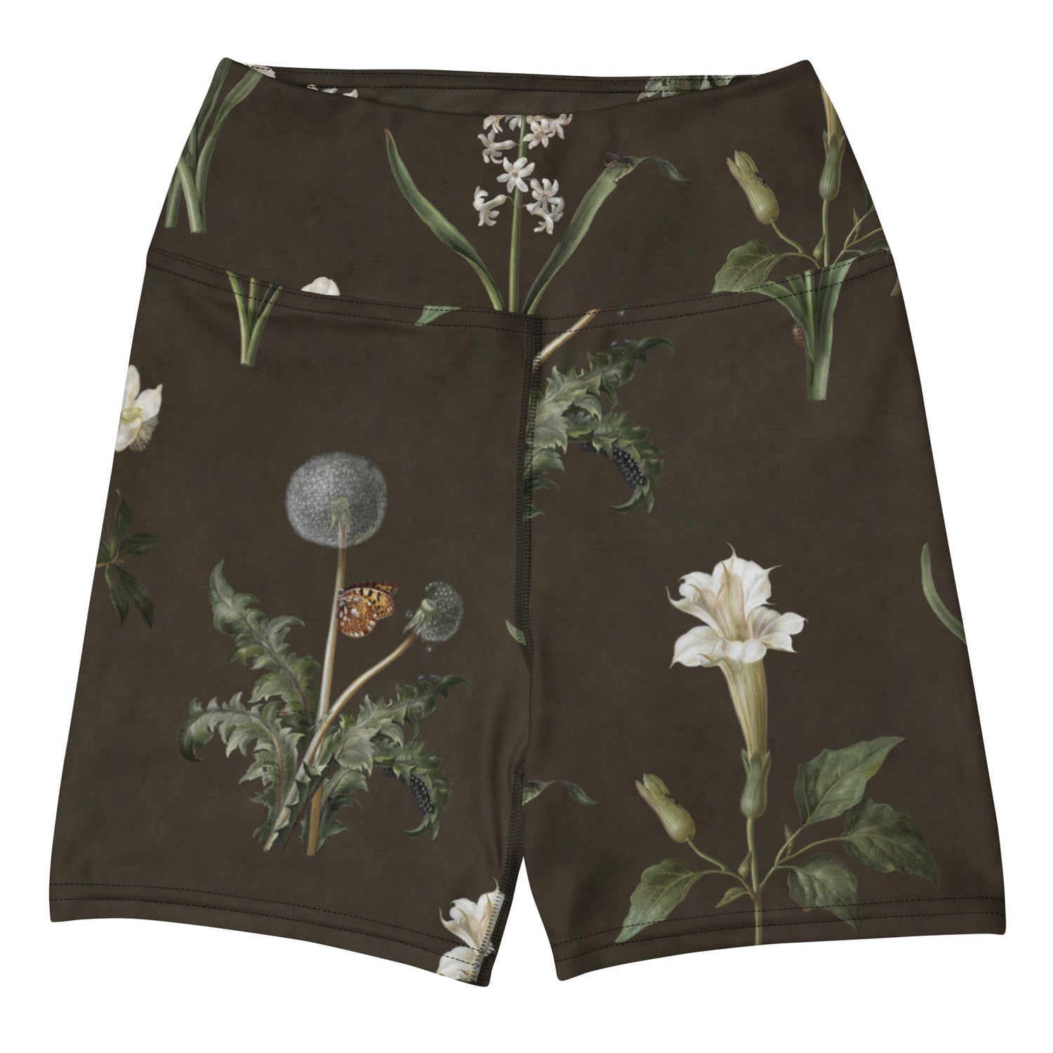 Wild At Hort Swim Shorts featuring Deep dark brown background with precise, luminous white botanical specimen illustrations including a delicate dandelion seed head, in a hushed and contemplative style, women’s swim shorts