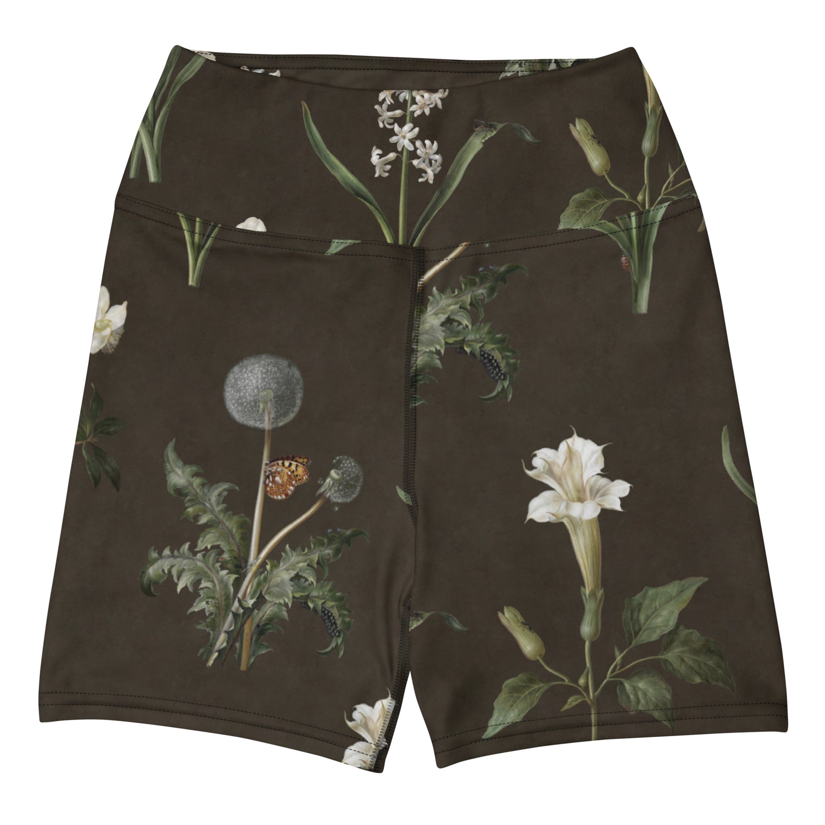 Wild At Hort Swim Shorts featuring Deep dark brown background with precise, luminous white botanical specimen illustrations including a delicate dandelion seed head, in a hushed and contemplative style, women’s swim shorts
