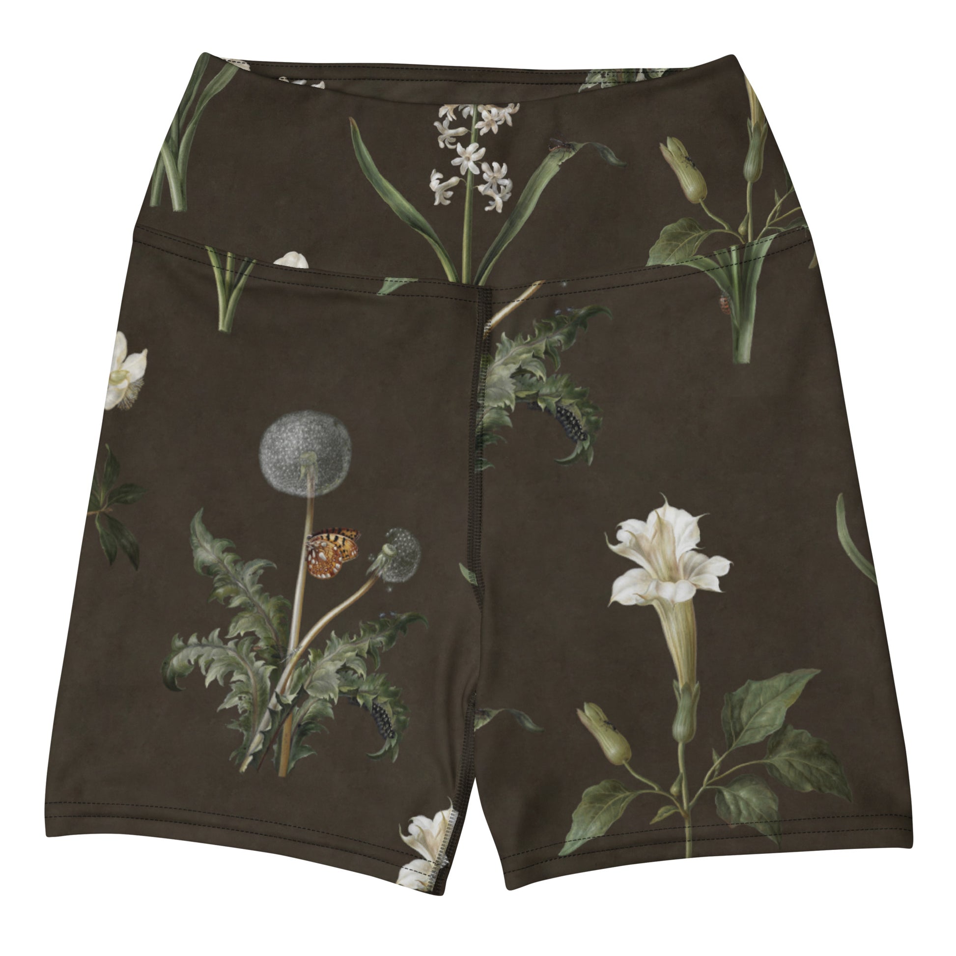 Wild At Hort Swim Shorts featuring Deep dark brown background with precise, luminous white botanical specimen illustrations including a delicate dandelion seed head, in a hushed and contemplative style, women’s swim shorts