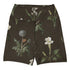 Wild At Hort Swim Shorts featuring Deep dark brown background with precise, luminous white botanical specimen illustrations including a delicate dandelion seed head, in a hushed and contemplative style, women’s swim shorts