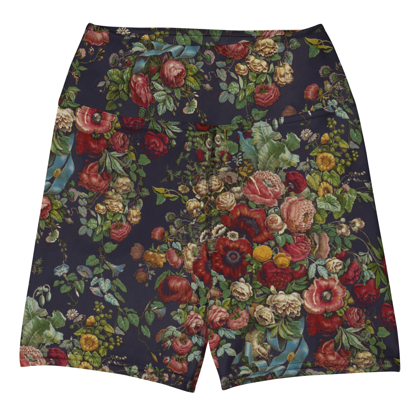 Stop and Smell The Roses Swim Shorts featuring Rich deep indigo background with tumbling opulent cabbage roses in reds and pinks with a delicate blue ribbon detail, adapted from mid 1800s Chintz, women’s swim shorts