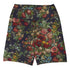 Stop and Smell The Roses Swim Shorts featuring Rich deep indigo background with tumbling opulent cabbage roses in reds and pinks with a delicate blue ribbon detail, adapted from mid 1800s Chintz, women’s swim shorts