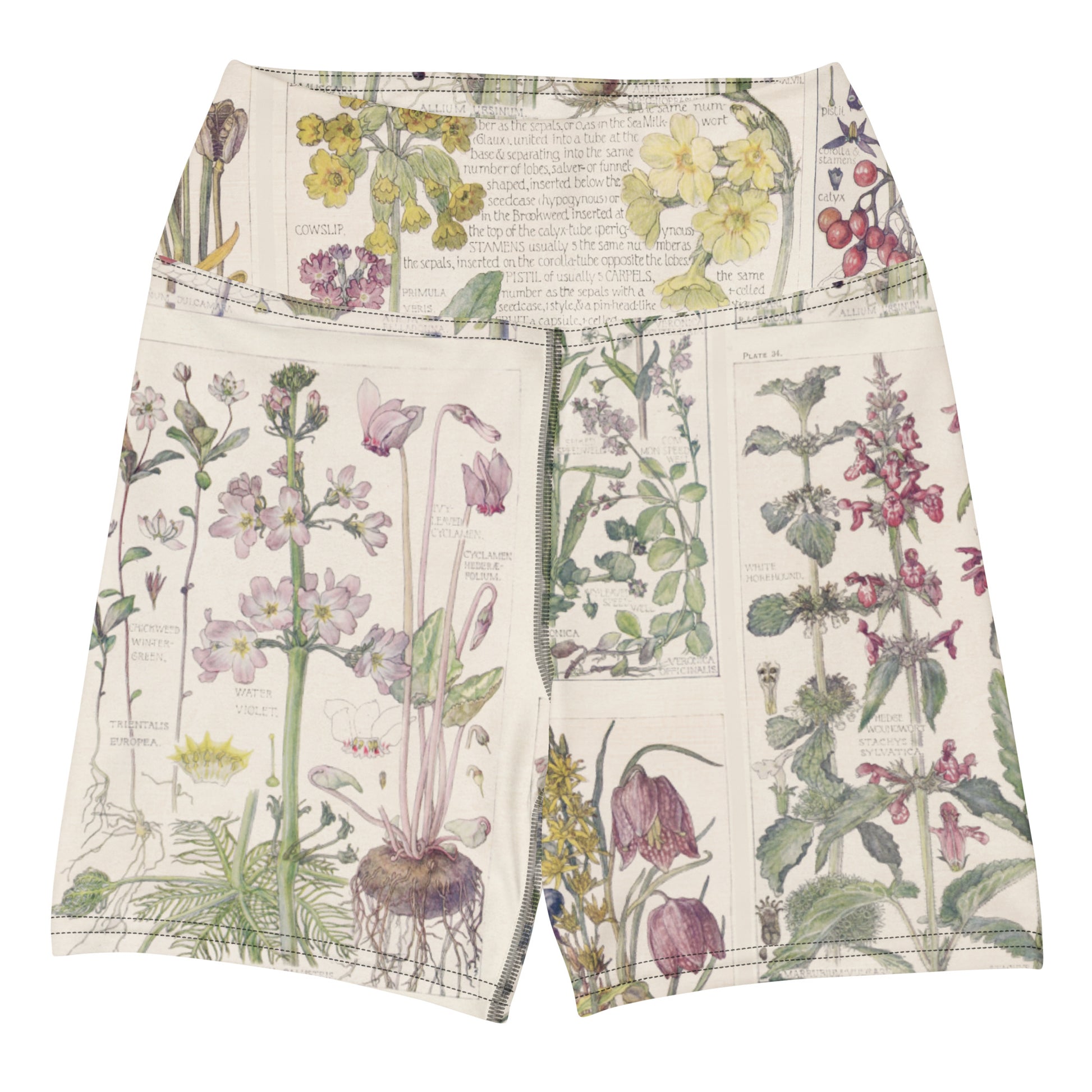 Wild About You Swim Shorts featuring Clean white background with soft, romantic wildflower botanical illustrations in gentle pinks and mauves from an early 1900s British Arts and Crafts publication, women’s swim shorts
