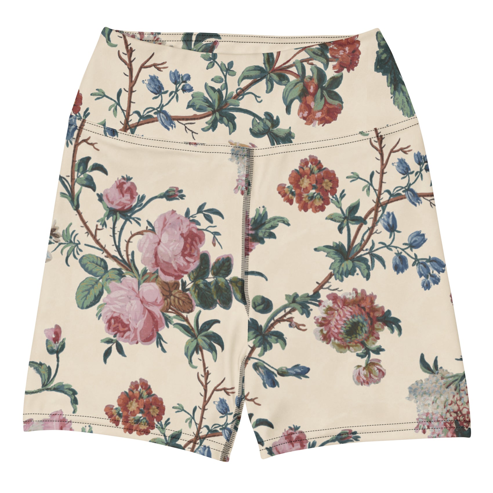 Bud-ding Romance in Cream Swim Shorts featuring Warm cream background with trailing pink roses and blue morning glory on a vine, taken from a 1790 French woodblock printed wallpaper, women’s swim shorts