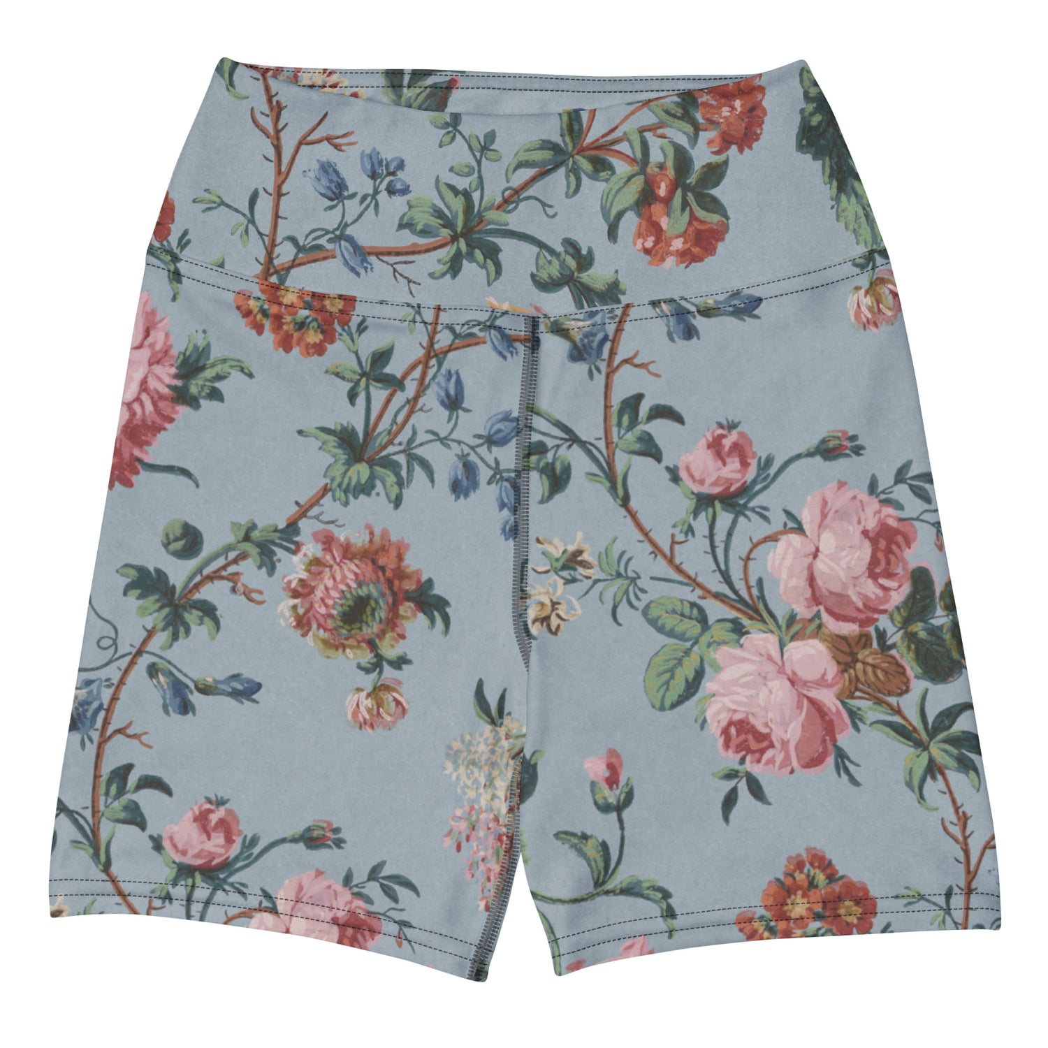 Bud-ding Romance in Blue Swim Shorts featuring Dreamy blue background with trailing pink roses and blue morning glory on a vine, taken from a 1790 French woodblock printed wallpaper, women’s swim shorts