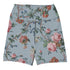Bud-ding Romance in Blue Swim Shorts featuring Dreamy blue background with trailing pink roses and blue morning glory on a vine, taken from a 1790 French woodblock printed wallpaper, women’s swim shorts