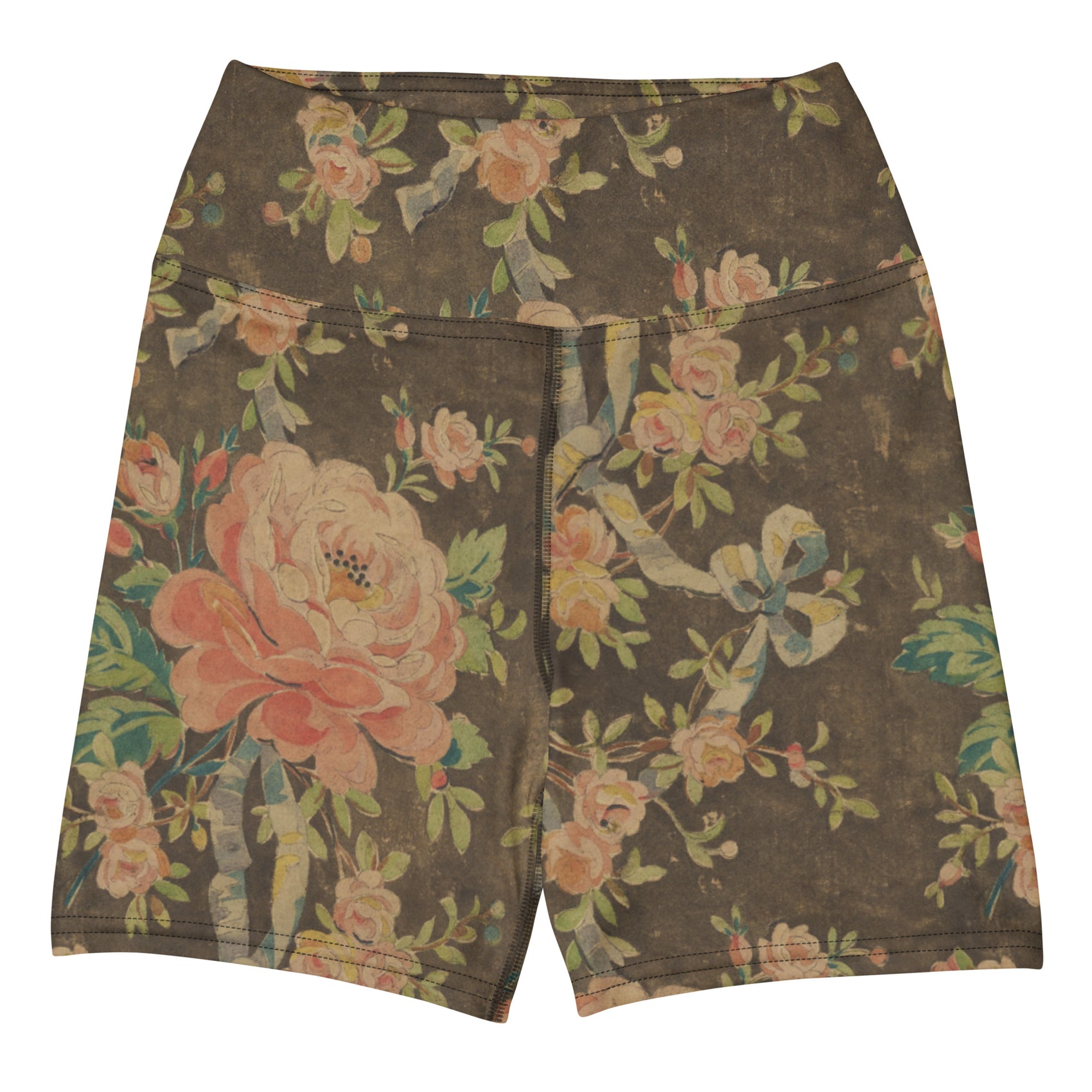 Everything's Coming Up Roses Swim Shorts featuring Rich brown background with trailing pink roses and a delicate blue ribbon border design, adapted from a 1780 French decorative watercolour, women’s swim shorts