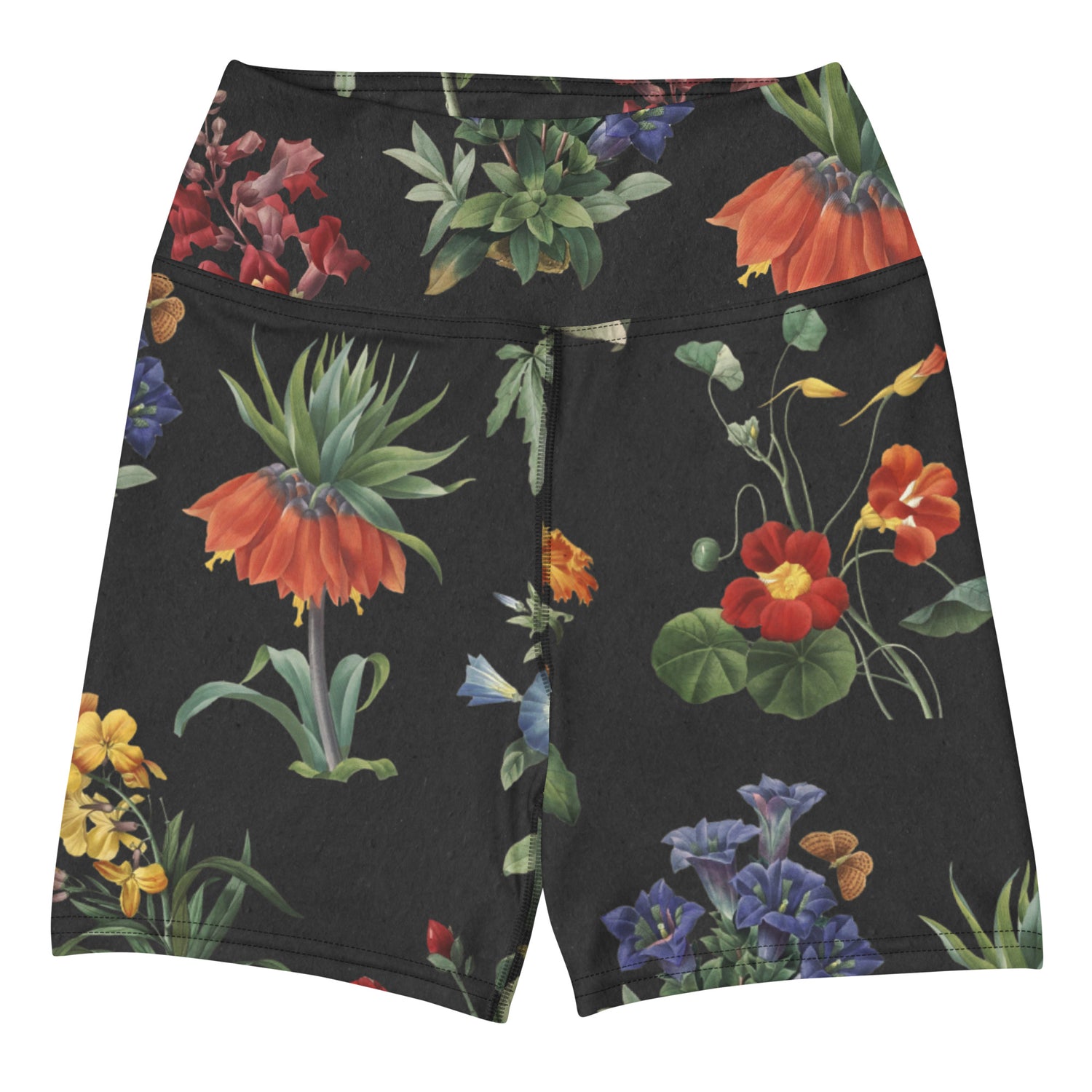 I Beg Your Garden Swim Shorts featuring Bold black background with the full rich colour palette of Pierre-Joseph Redouté's celebrated 19th century royal botanical illustrations in jewel-bright tones, women’s swim shorts