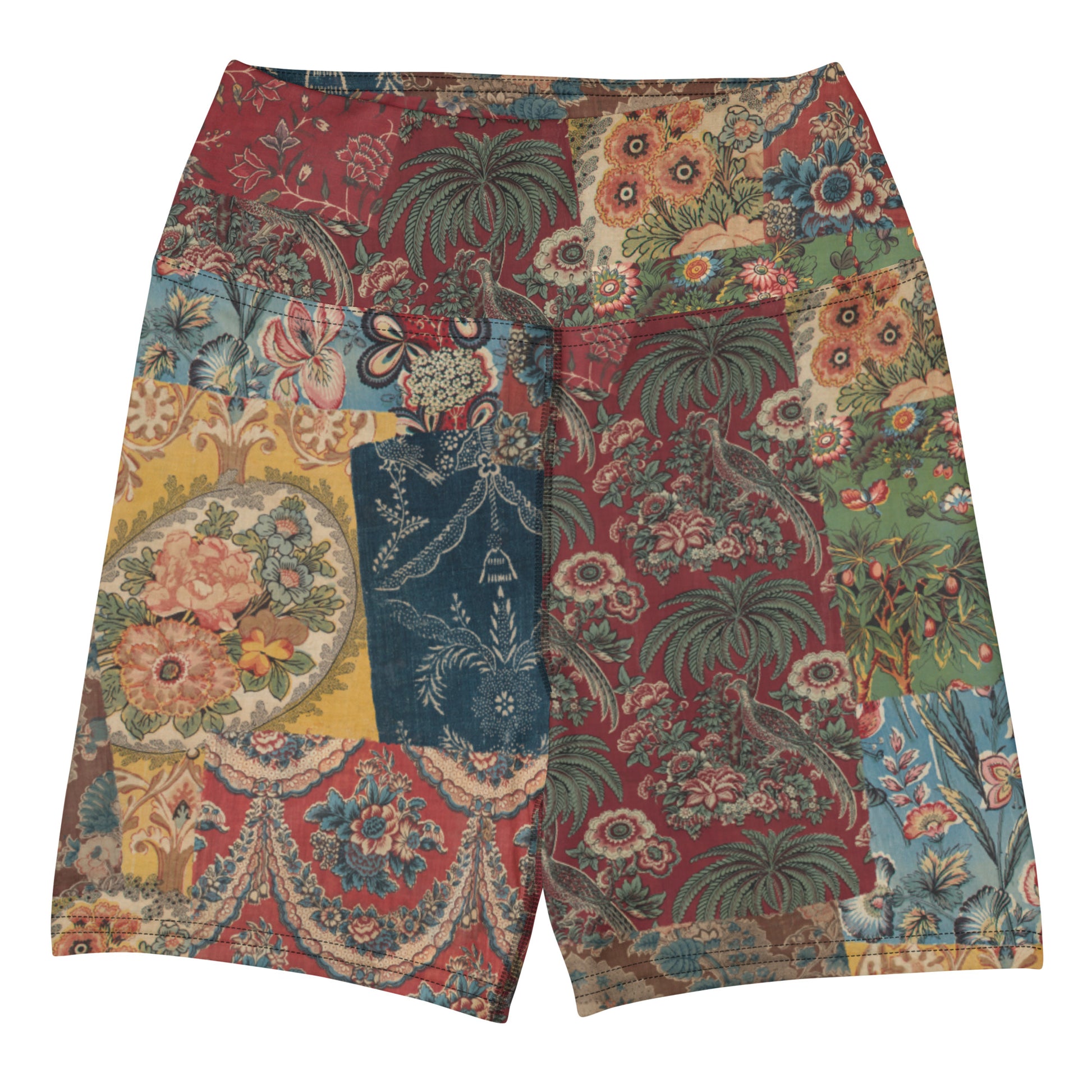Fragments Of My Heart Swim Shorts featuring Bold eclectic patchwork of antique quilt and fabric remnants in rich reds with hints of blue, green and yellow in a warm, gloriously imperfect vintage style, women’s swim shorts