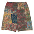 Fragments Of My Heart Swim Shorts featuring Bold eclectic patchwork of antique quilt and fabric remnants in rich reds with hints of blue, green and yellow in a warm, gloriously imperfect vintage style, women’s swim shorts