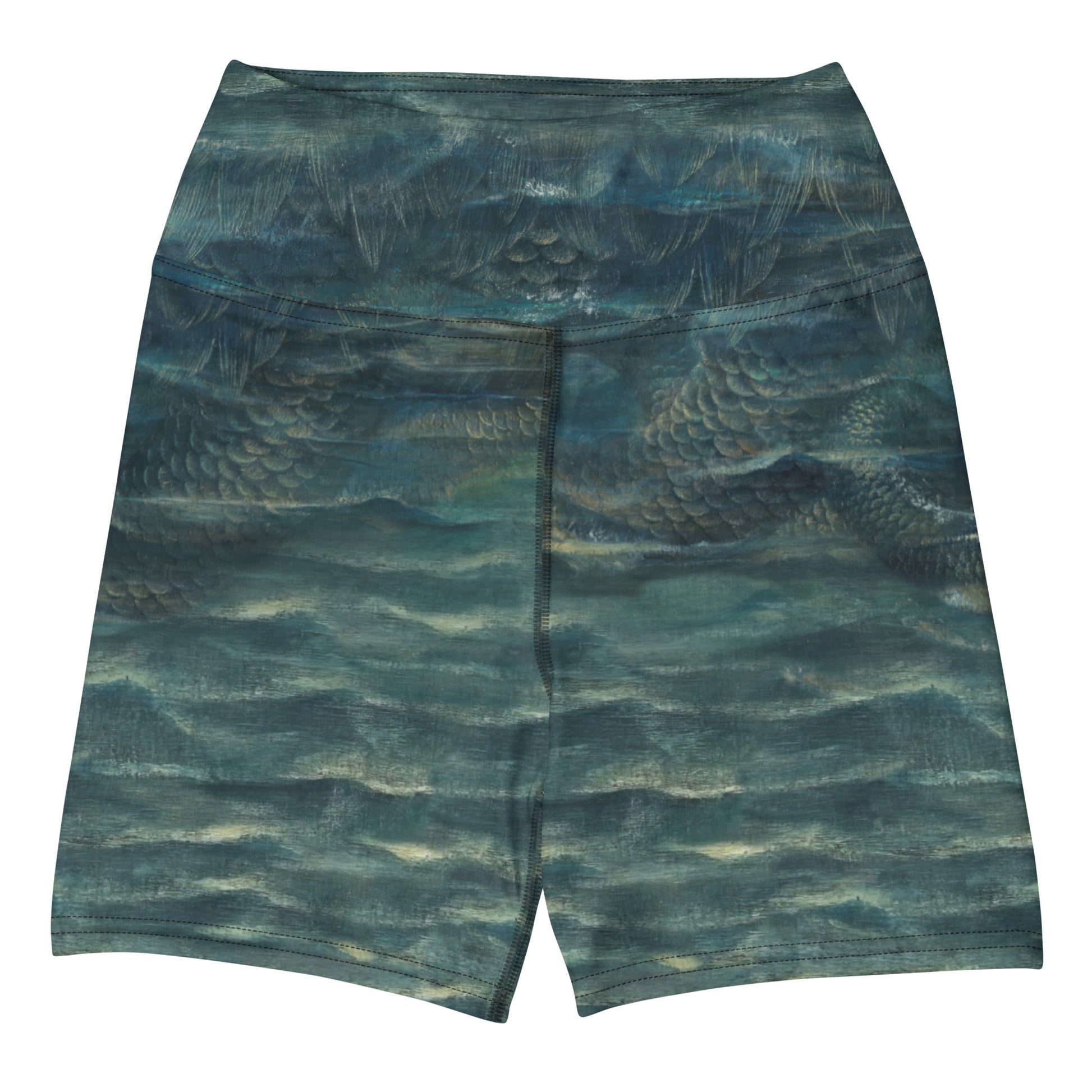 Sea What I Did There Swim Shorts featuring Simple hypnotic wave repeat in deep moody turquoise greens, drawn from a Victorian oil painting of the ocean, women’s swim shorts