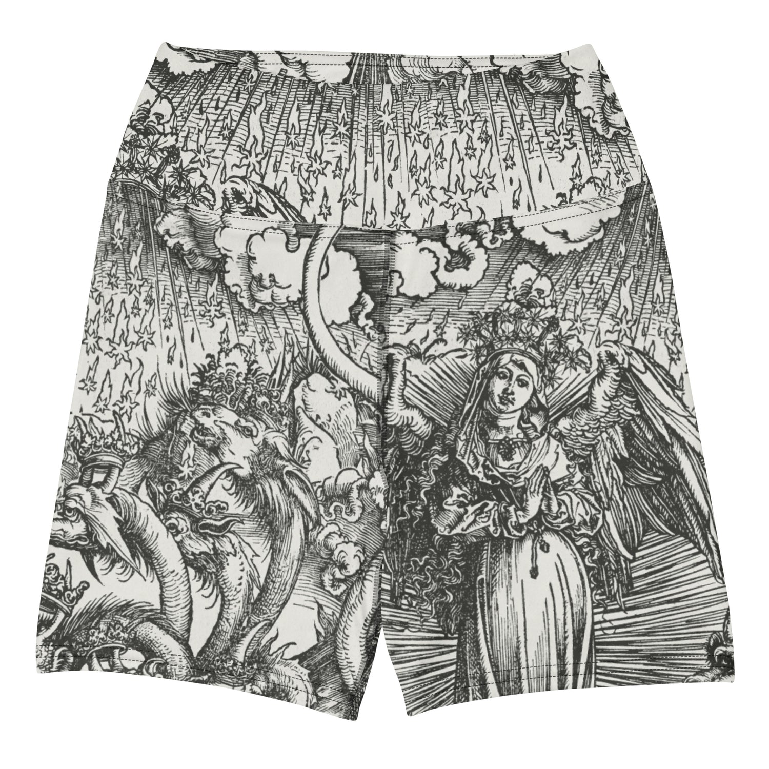 Doom With A View Swim Shorts featuring Dark dramatic repeat pattern merging two of Albrecht Dürer's powerful Northern Renaissance apocalyptic woodcut engravings from the late 1400s and early 1500s, women’s swim shorts