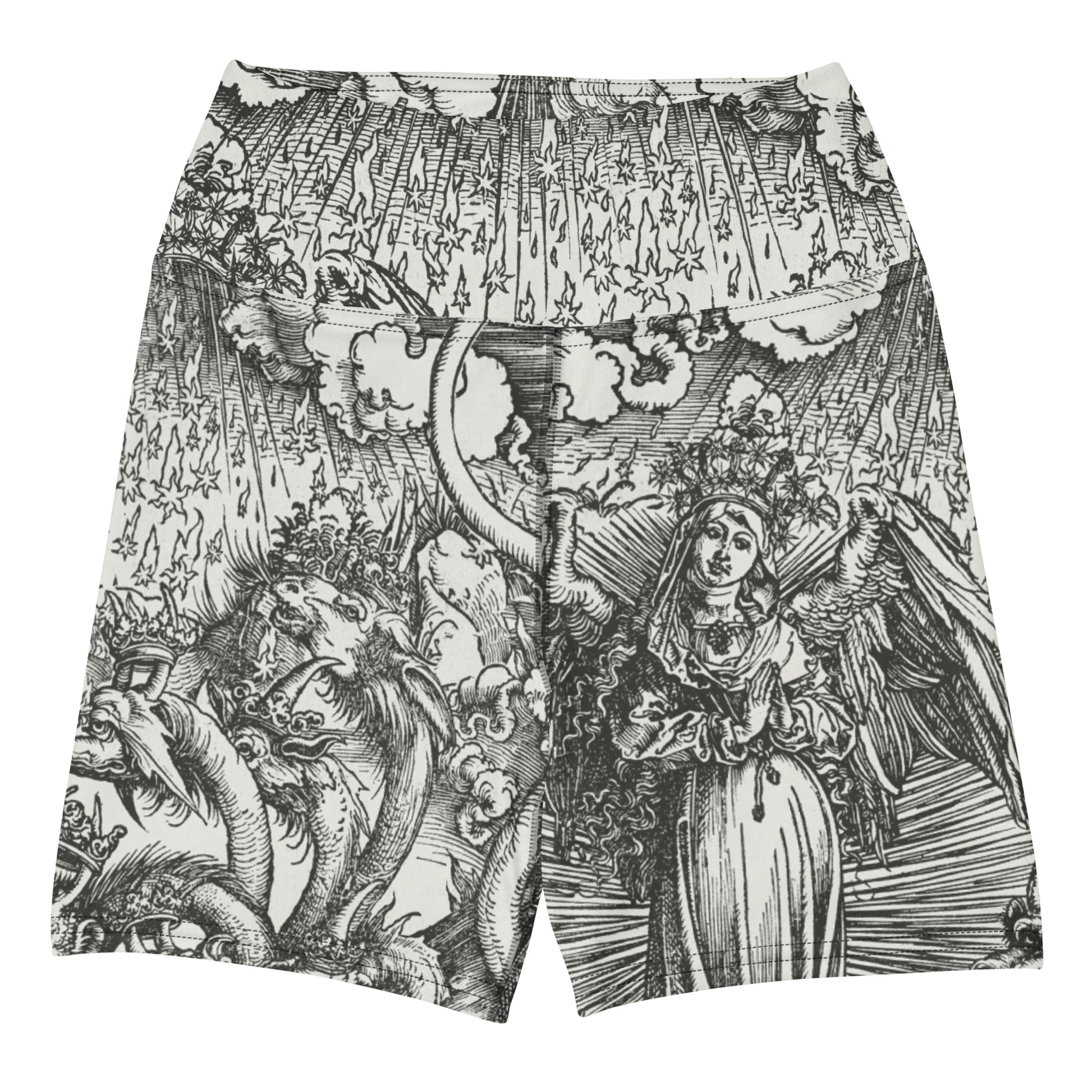 Doom With A View Swim Shorts featuring Dark dramatic repeat pattern merging two of Albrecht Dürer's powerful Northern Renaissance apocalyptic woodcut engravings from the late 1400s and early 1500s, women’s swim shorts
